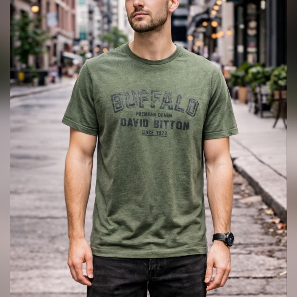 Buffalo David Bitton Green Graphic T-Shirt Size L Cotton Logo Tee Streetwear